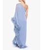 Color:Grey - Image 2 - One Shoulder One Long Cape Sleeve Gown with Feather Trim