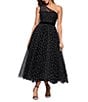 Betsy & Adam One Shoulder Pearl Tulle Tea Length Gown, Color:Black - Image 3