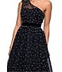 Betsy & Adam One Shoulder Pearl Tulle Tea Length Gown, Color:Black - Image 4