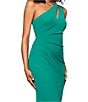Betsy & Adam One Shoulder Split Neck Sleeveless Ruched Gown, Color:Green - Image 4