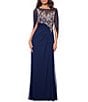 Betsy & Adam Petite Size Boat Neck Cap Sleeve Drape Back Chiffon Applique Sheath Gown, Color:Navy/Rose - Image 1