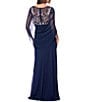 Betsy & Adam Petite Size Boat Neck Cap Sleeve Drape Back Chiffon Applique Sheath Gown, Color:Navy/Rose - Image 2