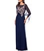 Betsy & Adam Petite Size Boat Neck Cap Sleeve Drape Back Chiffon Applique Sheath Gown, Color:Navy/Rose - Image 3