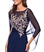 Betsy & Adam Petite Size Boat Neck Cap Sleeve Drape Back Chiffon Applique Sheath Gown, Color:Navy/Rose - Image 4