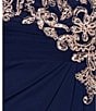 Betsy & Adam Petite Size Boat Neck Cap Sleeve Drape Back Chiffon Applique Sheath Gown, Color:Navy/Rose - Image 5