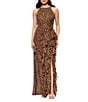 Betsy & Adam Petite Size Chiffon Halter Neck Sleeveless Ruffled Leopard Print Maxi Dress, Color:Brown Multi - Image 1