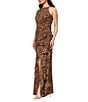 Betsy & Adam Petite Size Chiffon Halter Neck Sleeveless Ruffled Leopard Print Maxi Dress, Color:Brown Multi - Image 3