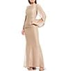 Color:Gold/Silver - Image 1 - Petite Size Draped Back 3/4 Cape Sleeve Round Neck Metallic Crinkled Ruched Sheath Gown