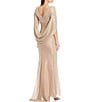 Color:Gold/Silver - Image 2 - Petite Size Draped Back 3/4 Cape Sleeve Round Neck Metallic Crinkled Ruched Sheath Gown