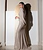 Color:Gold/Silver - Image 5 - Petite Size Draped Back 3/4 Cape Sleeve Round Neck Metallic Crinkled Ruched Sheath Gown