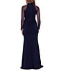 Betsy & Adam Petite Size Mesh Long Sleeve Mock Neck Cascade Ruffle Scuba Crepe Ruched Waist Gown, Color:Navy - Image 2