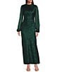 Betsy & Adam Petite Size Metallic Crinkle Long Bubble Sleeve Mock Neck Ruched Gown, Color:Black/Emerald - Image 1