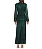 Betsy & Adam Petite Size Metallic Crinkle Long Bubble Sleeve Mock Neck Ruched Gown, Color:Black/Emerald - Image 2