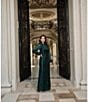 Betsy & Adam Petite Size Metallic Crinkle Long Bubble Sleeve Mock Neck Ruched Gown, Color:Black/Emerald - Image 4