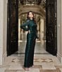 Betsy & Adam Petite Size Metallic Crinkle Long Bubble Sleeve Mock Neck Ruched Gown, Color:Black/Emerald - Image 6