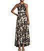 Color:Navy/Gold - Image 1 - Petite Size Metallic Crinkle Sleeveless Halter Neck Foil Floral Print A-Line Gown