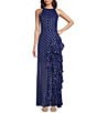 Betsy & Adam Petite Size Metallic Front Ruffled Slit Halter Neck Sleeveless Gown, Color:Light Navy/Gold - Image 1