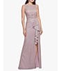 Color:White/Pink/Gold - Image 1 - Petite Size Metallic Glitter Ruched Waist Sleeveless Boat Neck Ruffle Front Slit A-Line Gown