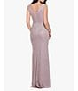 Color:White/Pink/Gold - Image 2 - Petite Size Metallic Glitter Ruched Waist Sleeveless Boat Neck Ruffle Front Slit A-Line Gown