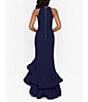 Color:Navy - Image 2 - Petite Size Round Neck Sleeveless Ruffled High-Low Hem Stretch Crepe Gown