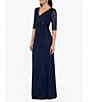 Betsy & Adam Petite Size Sequin Lace 3/4 Sleeve Cinched Gown, Color:Navy - Image 3