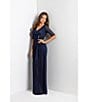 Betsy & Adam Petite Size Sequin Lace 3/4 Sleeve Cinched Gown, Color:Navy - Image 6