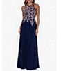 Color:Navy/Rose - Image 1 - Petite Size Sleeveless Beaded Halter Neck Chiffon Gown