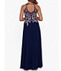 Color:Navy/Rose - Image 2 - Petite Size Sleeveless Beaded Halter Neck Chiffon Gown