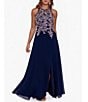Color:Navy/Rose - Image 3 - Petite Size Sleeveless Beaded Halter Neck Chiffon Gown