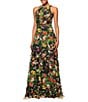 Betsy & Adam Petite Size Sleeveless Floral Print Ruffled Halter Chiffon Dress, Color:Black/Red - Image 1