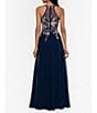 Color:Navy/Gold - Image 2 - Petite Size Sleeveless Halter Embroidered Bodice Chiffon Gown