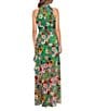 Betsy & Adam Petite Size Sleeveless Halter Neck Floral Chiffon Maxi Fit and Flare Dress, Color:Green Floral - Image 2