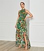 Betsy & Adam Petite Size Sleeveless Halter Neck Floral Chiffon Maxi Fit and Flare Dress, Color:Green Floral - Image 5