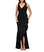 Betsy & Adam Petite Size Sleeveless V-Neck Spiral Ruffle Cascade Gown, Color:Black - Image 1