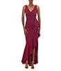 Betsy & Adam Petite Size Sleeveless V-Neck Spiral Ruffle Cascade Gown, Color:Bordeaux - Image 1