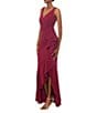 Betsy & Adam Petite Size Sleeveless V-Neck Spiral Ruffle Cascade Gown, Color:Bordeaux - Image 3