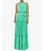 Color:Green - Image 1 - Pleated Bodre Halter Ruffle Neck Sleeveless Tie Waist Tiered Dress
