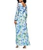 Betsy & Adam Pleated Chiffon Floral Print V-Neck Long Sleeve Fit and Flare Gown, Color:Blue Multi - Image 2