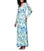 Betsy & Adam Pleated Chiffon Floral Print V-Neck Long Sleeve Fit and Flare Gown, Color:Blue Multi - Image 3
