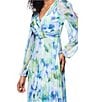 Betsy & Adam Pleated Chiffon Floral Print V-Neck Long Sleeve Fit and Flare Gown, Color:Blue Multi - Image 4