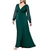Betsy & Adam Plus Size Chiffon Mesh V-Neck Long Sleeve Gown, Color:Forest - Image 3