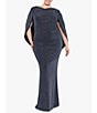 Color:Black/Silver - Image 1 - Plus Size Draped Back 3/4 Cape Sleeve Round Neck Metallic Knit Ruched Sheath Gown