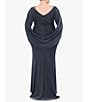 Color:Black/Silver - Image 2 - Plus Size Draped Back 3/4 Cape Sleeve Round Neck Metallic Knit Ruched Sheath Gown