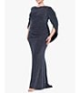 Color:Black/Silver - Image 3 - Plus Size Draped Back 3/4 Cape Sleeve Round Neck Metallic Knit Ruched Sheath Gown