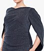 Color:Black/Silver - Image 4 - Plus Size Draped Back 3/4 Cape Sleeve Round Neck Metallic Knit Ruched Sheath Gown