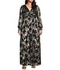 Betsy & Adam Plus Size Floral Print Foil Long Sleeve V-Neck Gown, Color:Black/Gold - Image 1