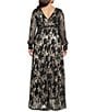 Betsy & Adam Plus Size Floral Print Foil Long Sleeve V-Neck Gown, Color:Black/Gold - Image 2