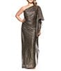 Betsy & Adam Plus Size Metallic Crinkle One Shoulder Ruffle Sleeve Ruched Gown, Color:Black/Gold/Silver - Image 1