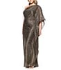 Betsy & Adam Plus Size Metallic Crinkle One Shoulder Ruffle Sleeve Ruched Gown, Color:Black/Gold/Silver - Image 3