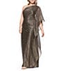 Betsy & Adam Plus Size Metallic Crinkle One Shoulder Ruffle Sleeve Ruched Gown, Color:Black/Gold/Silver - Image 4